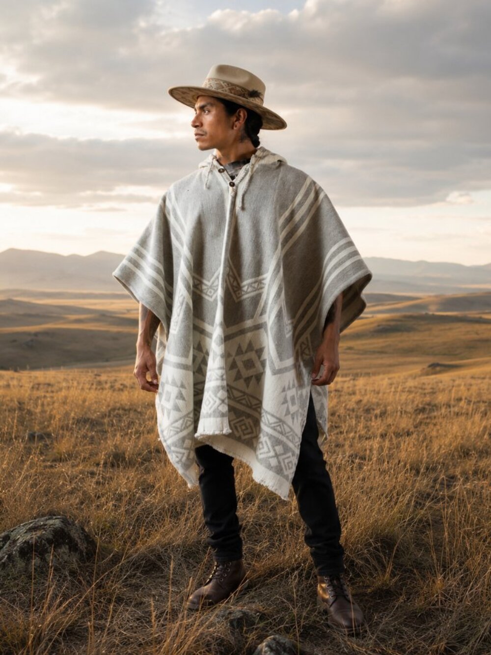 Unisex Handwoven Hooded Andean Wool Poncho Taupe Ivory Pullover One Size